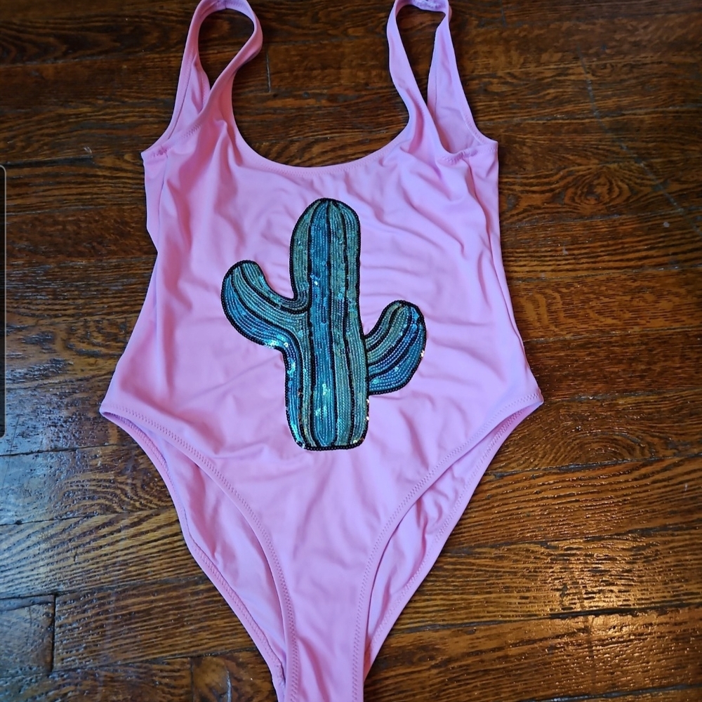 Topshop Pink One Piece Swimsuit with Sequin Cactus
